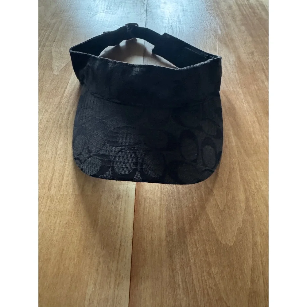 Coach Signature Monogram Black Jacquard Sun Visor Adjustable Leather Strap M/L